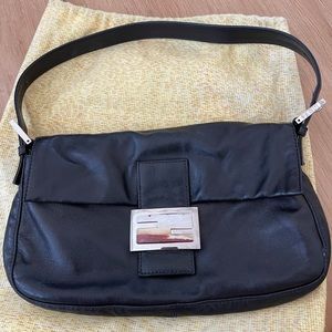 Fendi black leather baguette with marble logo
